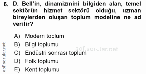 6. soru: D. Bell'in, dinamizmini bilgiden alan, temel sektörün hizmet sektörü olduğu, uzman bireylerden oluşan toplum modeline…