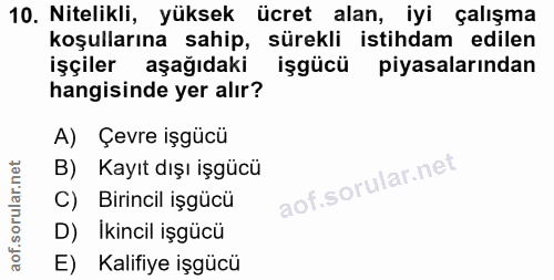 10. soru: Nitelikli, yüksek ücret alan, iyi çalışma koşullarına sahip, sürekli istihdam edilen işçiler aşağıdaki işgücü piyasal…