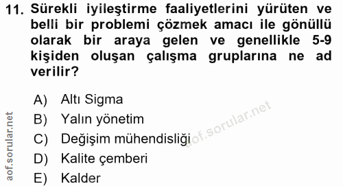 11. soru: Sürekli iyileştirme faaliyetlerini yürüten ve belli bir problemi çözmek amacı ile gönüllü olarak bir araya gelen ve g…