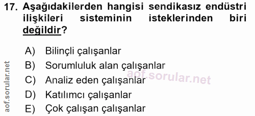 17. soru: Aşağıdakilerden hangisi sendikasız endüstri ilişkileri sisteminin isteklerinden biri değildir? A) Bilinçli çalışanlar…