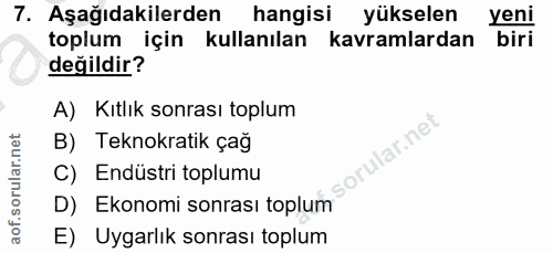 7. soru: Aşağıdakilerden hangisi yükselen yeni toplum için kullanılan kavramlardan biri değildir? A) Kıtlık sonrası toplum B)…