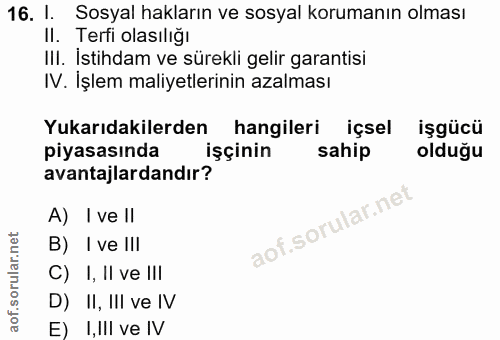 16. soru: l. Sosyal hakların ve sosyal korumanın olması Il. Terfi olasılığı III. İstihdam ve sürekli gelir garantisi IV. İşlem…