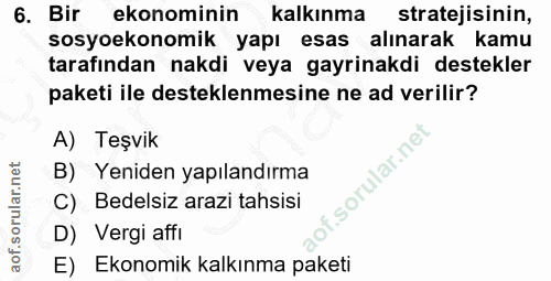 6. soru: Bir ekonominin kalkınma stratejisinin, sosyoekonomik yapı esas alınarak kamu tarafından nakdi veya gayrinakdi destekl…