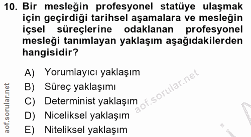 10. soru: Bir mesleğin profesyonel statüye ulaşmak için geçirdiği tarihsel aşamalara ve mesleğin içsel süreçlerine odaklanan pr…