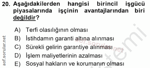 20. soru: Aşağıdakilerden hangisi birincil işgücü piyasalarında işçinin avantajlarından biri değildir? A) Terfi olasılığının ol…