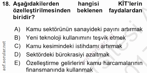 18. soru: Aşağıdakilerden hangisi KiT'lerin özelleştirilmesinden beklenen faydalardan biridir? A) Kamu sektörünün sanayideki pa…