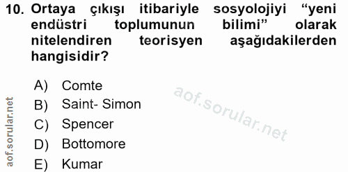 10. soru: Ortaya endüstri Sıkışı itibariyle sosyolojiyi "yeni toplumunun bilimi" olarak nitelendiren teorisyen aşağıdakilerden…