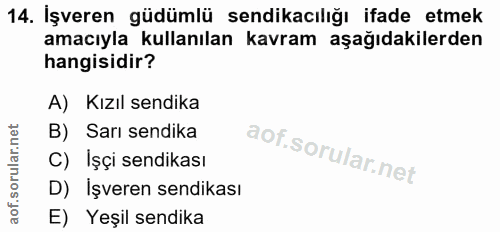 14. soru: İşveren güdümlü sendikacılığı ifade etmek amacıyla kullanılan kavram aşağıdakilerden hangisidir? A) Kızıl sendika B)…