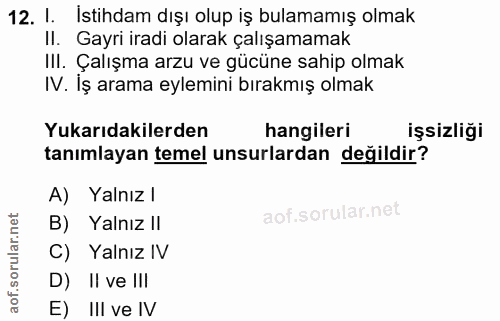 12. soru: 1. Istihdam dışı olup iş bulamamış olmak II. Gayri iradi olarak çalışamamak III. Çalışma arzu ve gücüne sahip olmak I…