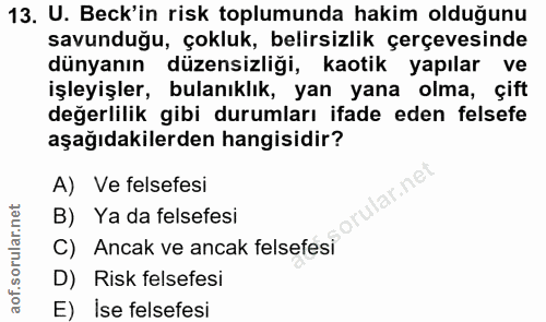 13. soru: U. Beck'in risk toplumunda hakim olduğunu savunduğu, çokluk, belirsizlik çerçevesinde dünyanın düzensizliği, kaotik y…