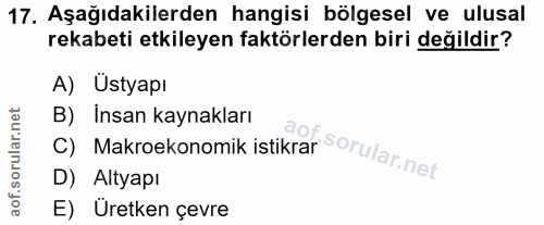 17. soru: Aşağıdakilerden hangisi bölgesel ve ulusal rekabeti etkileyen faktörlerden biri değildir? A) Ustyapı C) Makroekonomik…