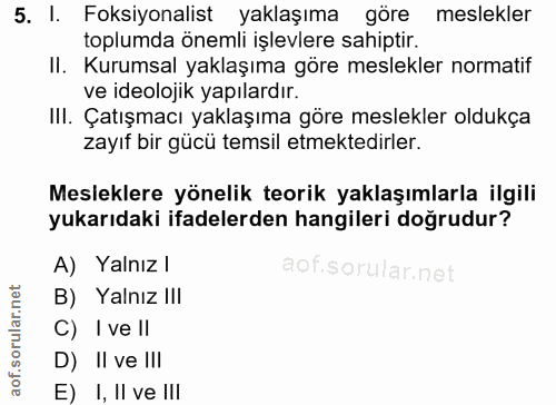 5. soru: I. Foksiyonalist yaklaşıma göre meslekler toplumda önemli işlevlere sahiptir. II. Kurumsal yaklaşıma göre meslekler n…