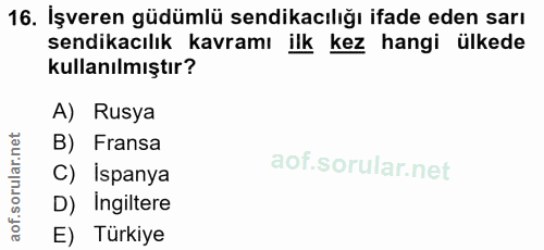 16. soru: İşveren güdümlü sendikacılığı ifade eden sarı sendikacılık kavramı ilk kez hangi ülkede kullanılmıştır? A) Rusya B) F…