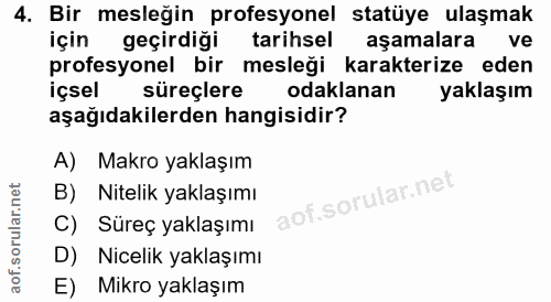 4. soru: Bir mesleğin profesyonel statüye ulaşmak için geçirdiği tarihsel aşamalara ve profesyonel bir mesleği karakterize ede…