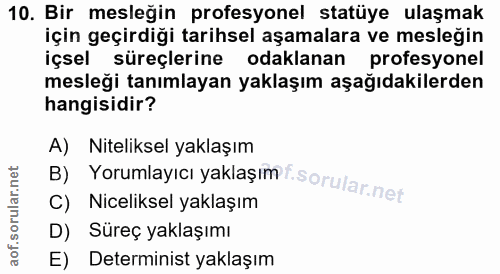 10. soru: Bir mesleğin profesyonel statüye ulaşmak için geçirdiği tarihsel aşamalara ve mesleğin içsel süreçlerine odaklanan pr…