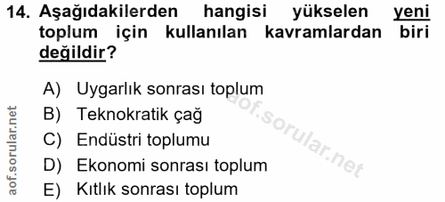 14. soru: Aşağıdakilerden hangisi yükselen yeni toplum için kullanılan kavramlardan biri değildir? A) Uygarlık sonrası toplum B…