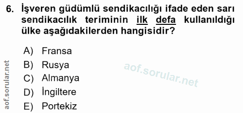 6. soru: İşveren güdümlü sendikacılığı ifade eden sarı sendikacılık teriminin ilk defa kullanıldığı ülke aşağıdakilerden hangi…