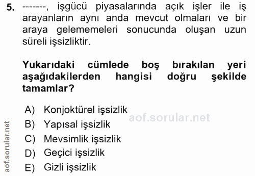 5. soru: -, işgücü piyasalarında açık işler ile iş arayanların aynı anda mevcut olmaları ve bir araya gelememeleri sonucunda o…