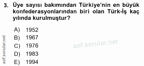 3. soru: Üye sayısı bakımından Türkiye'nin en büyük konfederasyonlarından biri olan Türk-İş kaç yılında kurulmuştur? A) 1952 B…