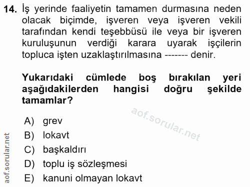 14. soru: İş yerinde faaliyetin tamamen durmasına neden olacak biçimde, işveren veya işveren vekili tarafından kendi teşebbüsü…
