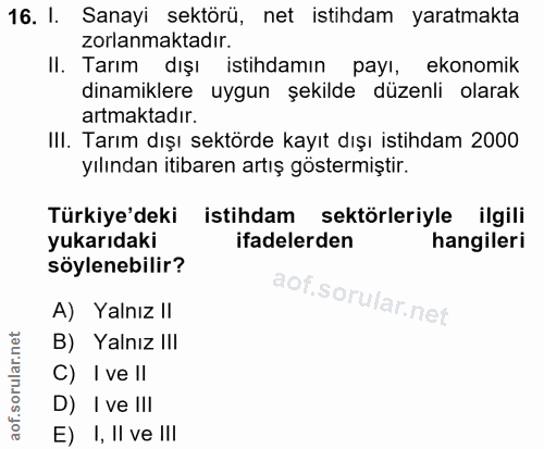 16. soru: I. Sanayi sektörü, net istihdam yaratmakta zorlanmaktadır. II. Tarım dışı istihdamın payı, ekonomik dinamiklere uygun…