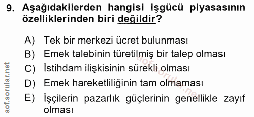 9. soru: Aşağıdakilerden hangisi işgücü piyasasının özelliklerinden biri değildir? A) Tek bir merkezi ücret bulunması B) Emek…