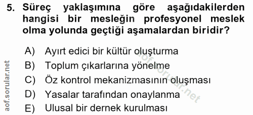5. soru: Süreç yaklaşımına göre aşağıdakilerden hangisi bir mesleğin profesyonel meslek olma yolunda geçtiği aşamalardan birid…