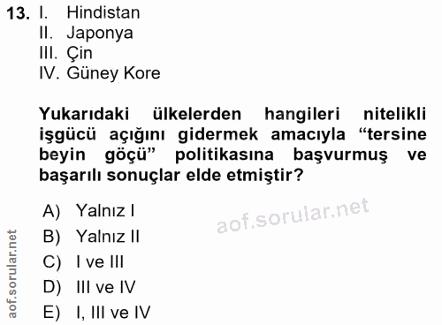 13. soru: I. Hindistan II. Japonya III. Çin IV. Güney Kore Yukarıdaki ülkelerden hangileri nitelikli işgücü açığını gidermek am…
