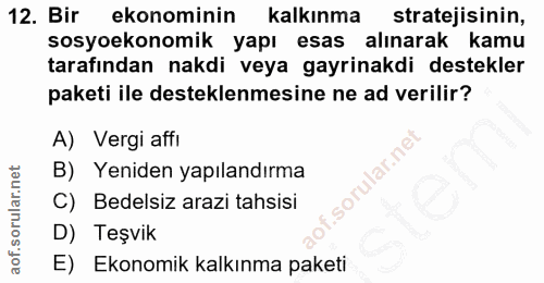 12. soru: Bir ekonominin kalkınma stratejisinin, sosyoekonomik yapı esas alınarak kamu tarafından nakdi veya gayrinakdi destekl…