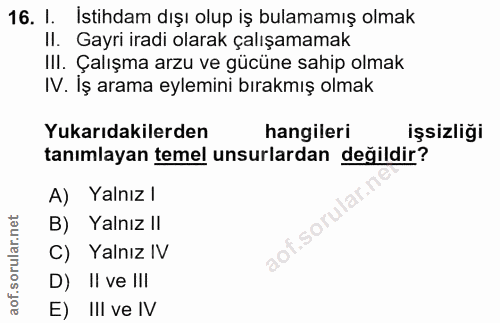 16. soru: I. İstihdam dışı olup iş bulamamış olmak II. Gayri iradi olarak çalışamamak III. Çalışma arzu ve gücüne sahip olmak I…