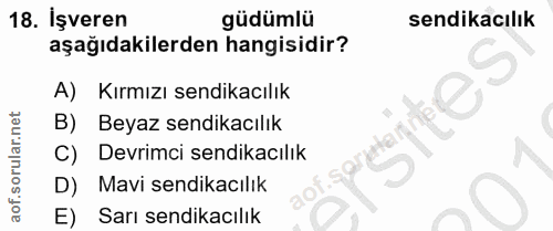 18. soru: İşveren güdümlü sendikacılık aşağıdakilerden hangisidir? A) Kırmızı sendikacılık B) Beyaz sendikacılık C) Devrimci se…