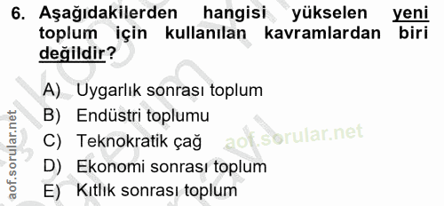 6. soru: Aşağıdakilerden hangisi i yükselen yeni toplum için kullanılan kavramlardan biri değildir? A) Uygarlık sonrası toplum…