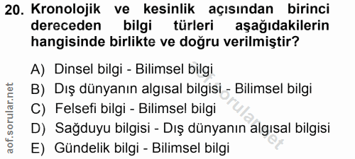 20. soru: Kronolojik ve kesinlik açısından birinci dereceden bilgi türleri aşağıdakilerin hangisinde birlikte ve doğru verilmiş…