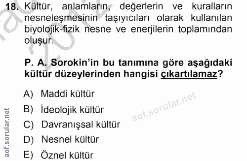 18. soru: Kültür, anlamların, değerlerin ve kuralların nesneleşmesinin taşıyıcıları olarak kullanılan biyolojik-fizik nesne ve…
