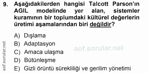 9. soru: Aşağıdakilerden hangisi Talcott Parson'ın AGIL modelinde yer alan, sistemler kuramının bir toplumdaki kültürel değerl…