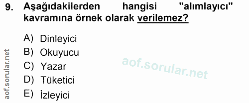 9. soru: Aşağıdakilerden hangisi "alımlayıcı" kavramına örnek olarak verilemez? A) Dinleyici B) Okuyucu C) Yazar D) Tüketici E…