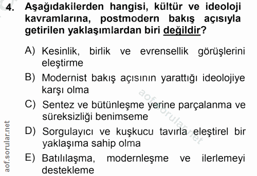 4. soru: Aşağıdakilerden hangisi, kültür ve ideoloji kavramlarına, postmodern bakış açısıyla getirilen yaklaşımlardan biri değ…