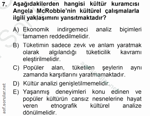 7. soru: Aşağıdakilerden hangisi kültür kuramcısı Angela McRobbie'nin kültürel çalışmalarla ilgili yaklaşımını yansıtmaktadır?…