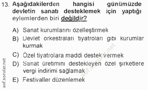 13. soru: Aşağıdakilerden hangisi günümüzde devletin sanatı desteklemek için yaptığı eylemlerden biri değildir? A) Sanat kuruml…