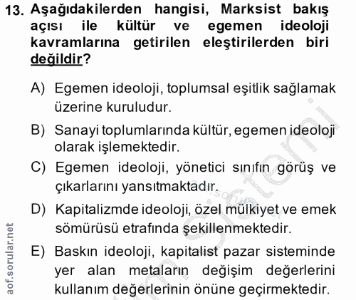 13. soru: Aşağıdakilerden hangisi, Marksist bakış açısı ile kültür ve egemen ideoloji kavramlarına getirilen eleştirilerden bir…