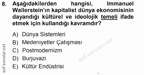 8. soru: Aşağıdakilerden hangisi, Immanuel Wallerstein'ın kapitalist dünya ekonomisinin dayandığı kültürel ve ideolojik temeli…