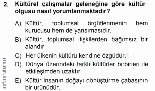 2. soru: Kültürel çalışmalar geleneğine göre kültür [ olgusu nasıl yorumlanmaktadır? A) Kültür, toplumsal örgütlenmenin hem ku…