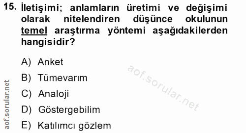 15. soru: İletişimi; anlamların üretimi ve değişimi olarak nitelendiren düşünce okulunun temel araştırma yöntemi aşağıdakilerde…