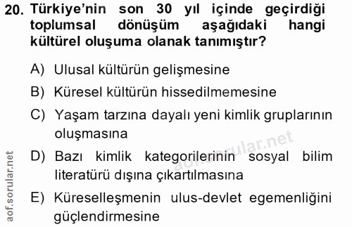 20. soru: Türkiye'nin son 30 yıl içinde geçirdiği toplumsal dönüşüm aşağıdaki hangi kültürel oluşuma olanak tanımıştır? A) Ulus…