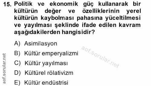 15. soru: Politik ve ekonomik güç kullanarak bir kültürün değer ve özelliklerinin yerel kültürün kaybolması pahasına yüceltilme…