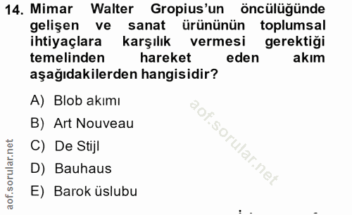 14. soru: Mimar Walter Gropius'un öncülüğünde gelişen ve sanat ürününün toplumsal ihtiyaçlara karşılık vermesi gerektiği temeli…