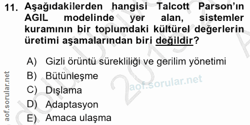 11. soru: Aşağıdakilerden hangisi Talcott Parson'ın AGIL modelinde yer alan, sistemler kuramının bir toplumdaki kültürel değerl…