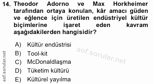 14. soru: Theodor Adorno ve Max Horkheimer tarafından ortaya konulan, kâr amacı güden ve eğlence için üretilen endüstriyel kült…