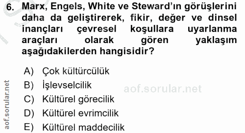 6. soru: Marx, Engels, White ve Steward'ın görüşlerini daha da geliştirerek, fikir, değer ve dinsel inançları çevresel koşulla…