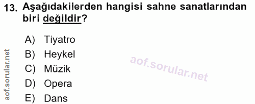 13. soru: Aşağıdakilerden hangisi sahne sanatlarından biri değildir? A) Tiyatro B) Heykel C) Müzik D) Opera E) Dans